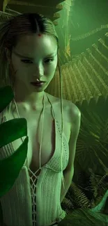 Mystical jungle fantasy art with a woman surrounded by lush green leaves.