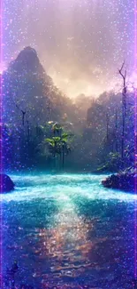 Mystical jungle with neon hues and enchanting river scenery.