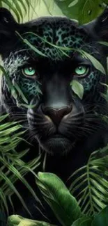 Dark panther surrounded by lush green jungle foliage.