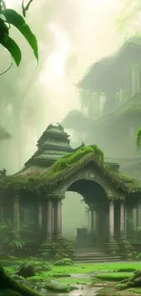 Mystical jungle ruins surrounded by lush green foliage.