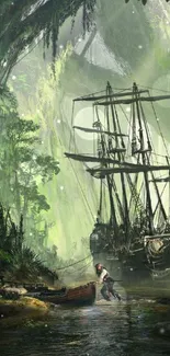 Jungle scene with a ship amidst lush greenery.