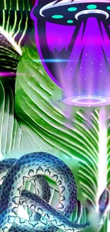 Mystical jungle wallpaper with snake and UFO.