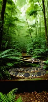 A snake poised on a lush green jungle path.