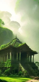 Ancient temple nestled in lush jungle.