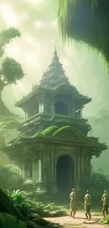 Mystical jungle temple surrounded by lush green foliage.