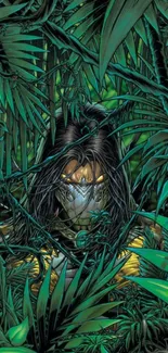 A masked jungle warrior hidden among lush green foliage.