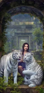 Woman and white tigers in mystical jungle setting.