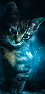 Cute kitten illuminated by mystical blue light, with enchanting sparkles.