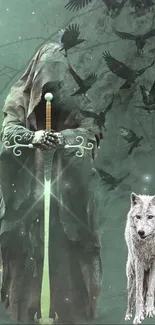 A mystical scene of a knight with a glowing sword and a white wolf in a dark forest.