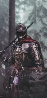 Knight in armor stands in a misty forest, sword ready, on a mobile wallpaper.