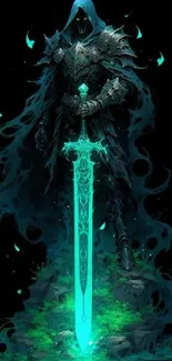 A digital artwork of a mystical knight with a glowing turquoise sword against a dark background.