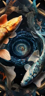 Mystical koi fish swirling in cosmic design.