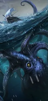 Dark ocean scene with a giant kraken underwater and a boat in the distance.