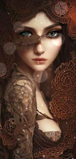 Mystical woman entwined in lace with deep captivating eyes.