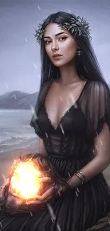 Mystical woman by the ocean with a serene, dark atmosphere.