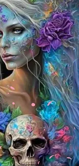 Mystical lady with flowers and skull art wallpaper.