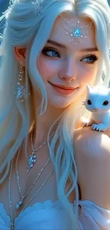 Fantasy lady with white cat on shoulder.