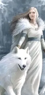 Mystical lady with white wolves in snowy forest wallpaper.