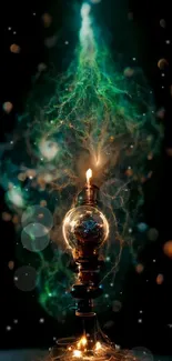 Mystical lamp with glowing green smoke on a dark background.