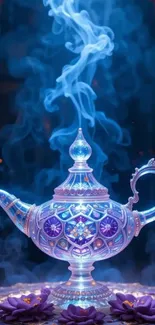 Ornate lamp emitting blue mystical smoke.