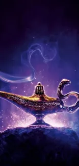 Mystical lamp on dark purple background, emitting magical smoke.