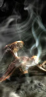 Bronze lamp with swirling smoke on dark background.