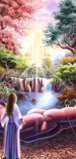 Mystical landscape with cradling hands and serene waterfall.