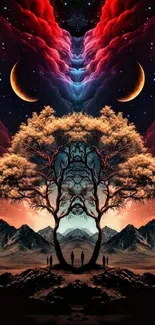 Surreal landscape with tree, moons, and colorful sky.