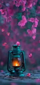 Glowing lantern amidst pink blossoms, creating a dreamy mobile wallpaper.