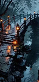 Night scene with lantern-lit stone bridge over water.