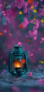 Lantern glowing in a mystical forest with vibrant falling leaves.