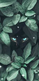 Mystical green leaves with hidden blue cat eyes.