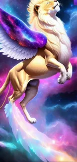 Mystical lion with cosmic wings in a galaxy-themed wallpaper.