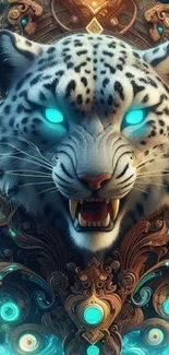 Mystical leopard digital art with teal glow and ornate details.