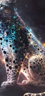 A mystical leopard surrounded by a galaxy backdrop with vibrant, cosmic colors.