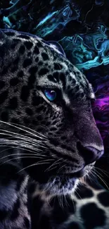 Mystical leopard with neon blue accents on dark background.