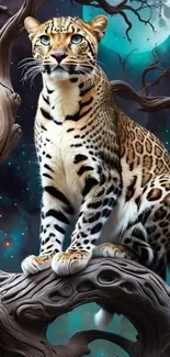 Leopard perched on branches with a cosmic background.