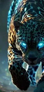 Leopard with glowing blue eyes in a mystical forest setting.