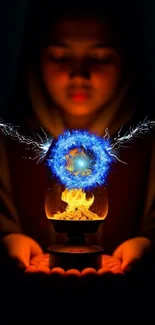 Mystical glowing orb with electric blue light and flame effect.