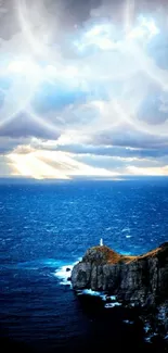 Lighthouse on cliff with mystical sky and ocean.