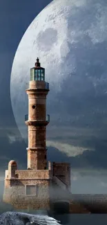 Fantasy wallpaper with lighthouse, dragon, and large moon.