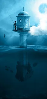 Lighthouse with fisherman under a blue moonlit sky, creating a mystical atmosphere.