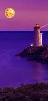 Lighthouse at night with a vibrant purple sky and fantasy moon.