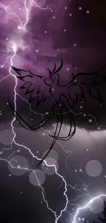 Mystical bird silhouette with lightning in a purple stormy sky.