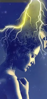 Mystical faces intertwined with lightning on a dark blue background.