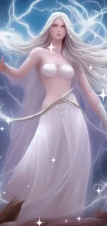 Mystical goddess surrounded by lightning in ethereal fantasy art.