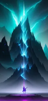 Surreal mountain with neon lightning in fantasy art wallpaper.