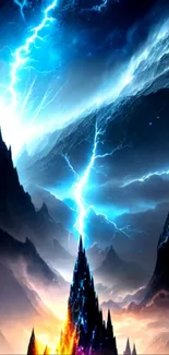 Mystical mountain with electric blue lightning in dark fantasy landscape.