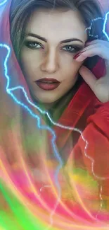 Artistic portrait with vibrant lightning and red shades on phone wallpaper.