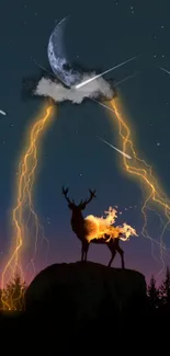 Silhouette of stag with lightning under a moonlit sky.